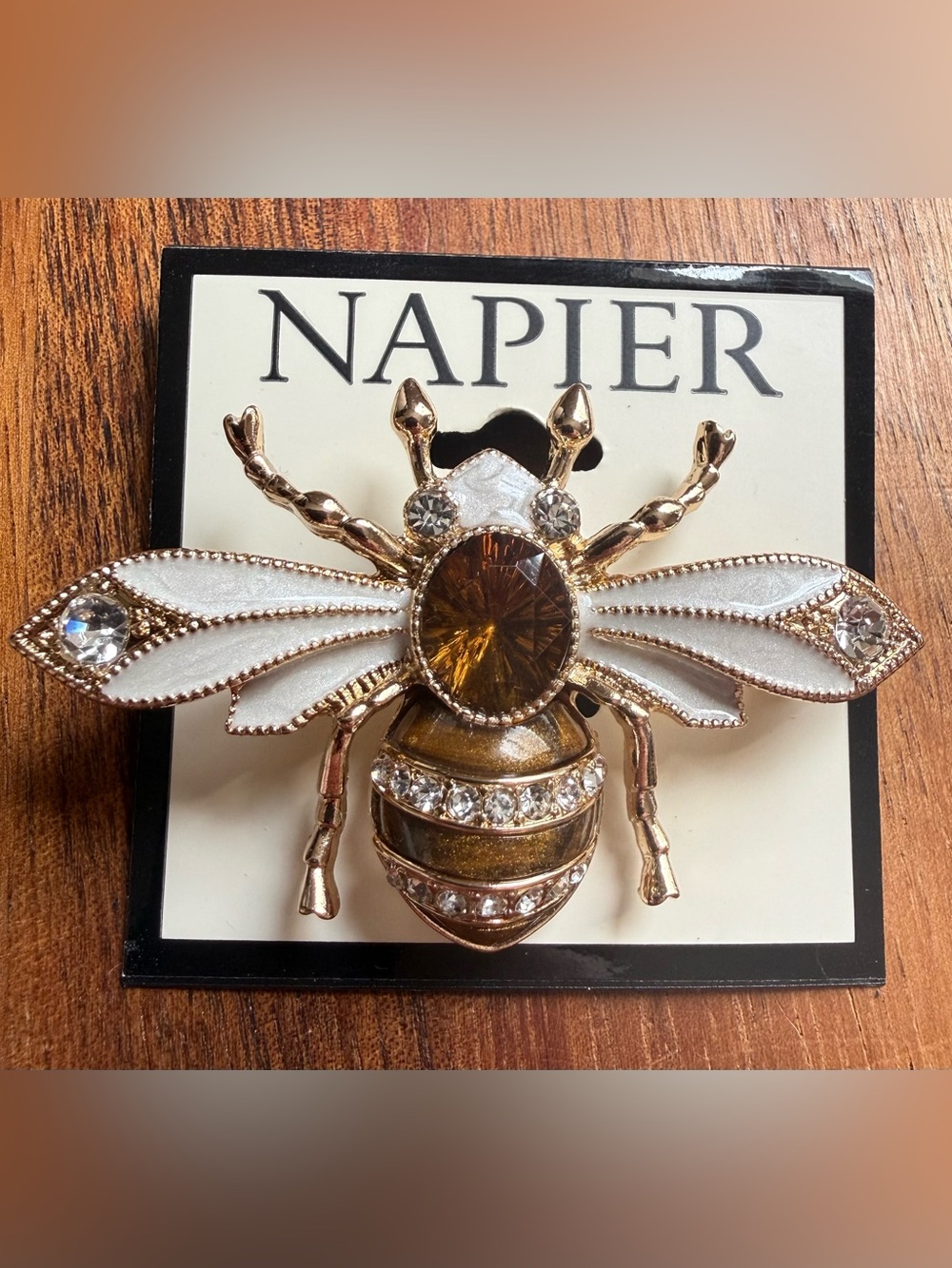 Napier Gold-Tone Bee Brooch with White Enamel Wings and Amber Center Rhinestone
